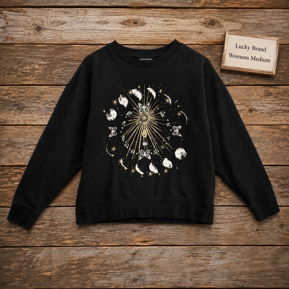 Lucky Brand Womens Medium Black Celestial Moon Phase Hamsa Sweatshirt NWT